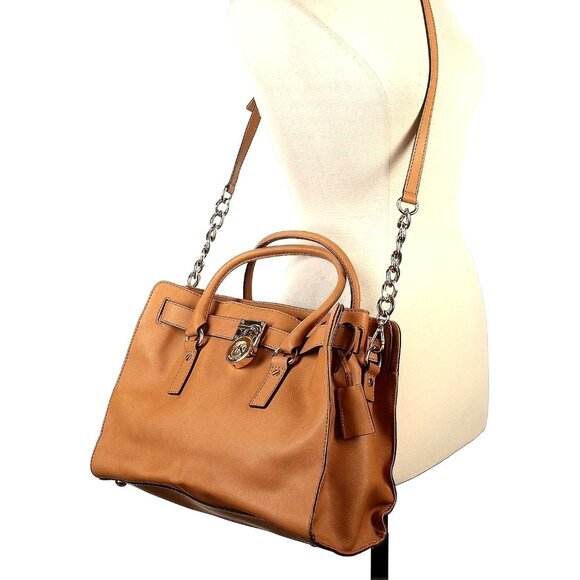 MK MICHAEL KORS Womens Hamilton Shoulder Bag Purse Leather Gold Chains Accents - Picture 2 of 12